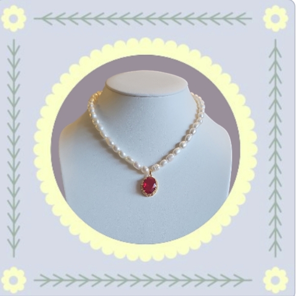 Natural Irregular Freshwater Pearl Necklace & Red Crystal Pendant Gold… - Picture 3 of 8